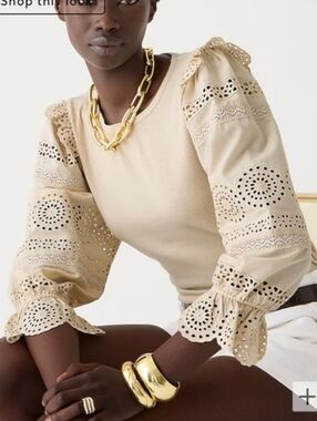 J.Crew Nwot Vintage Rib Ruffle‑Trim Eyelet Long Sleeve Top — Beige, Size S